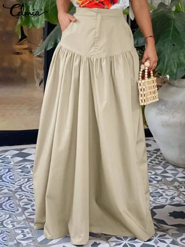 

Fashion High Waist Maxi Skirts Women Celmia Summer Shirred Pleats Long Fadals Elegant OL Swing Skirt Casual Zipper A-line Jupes