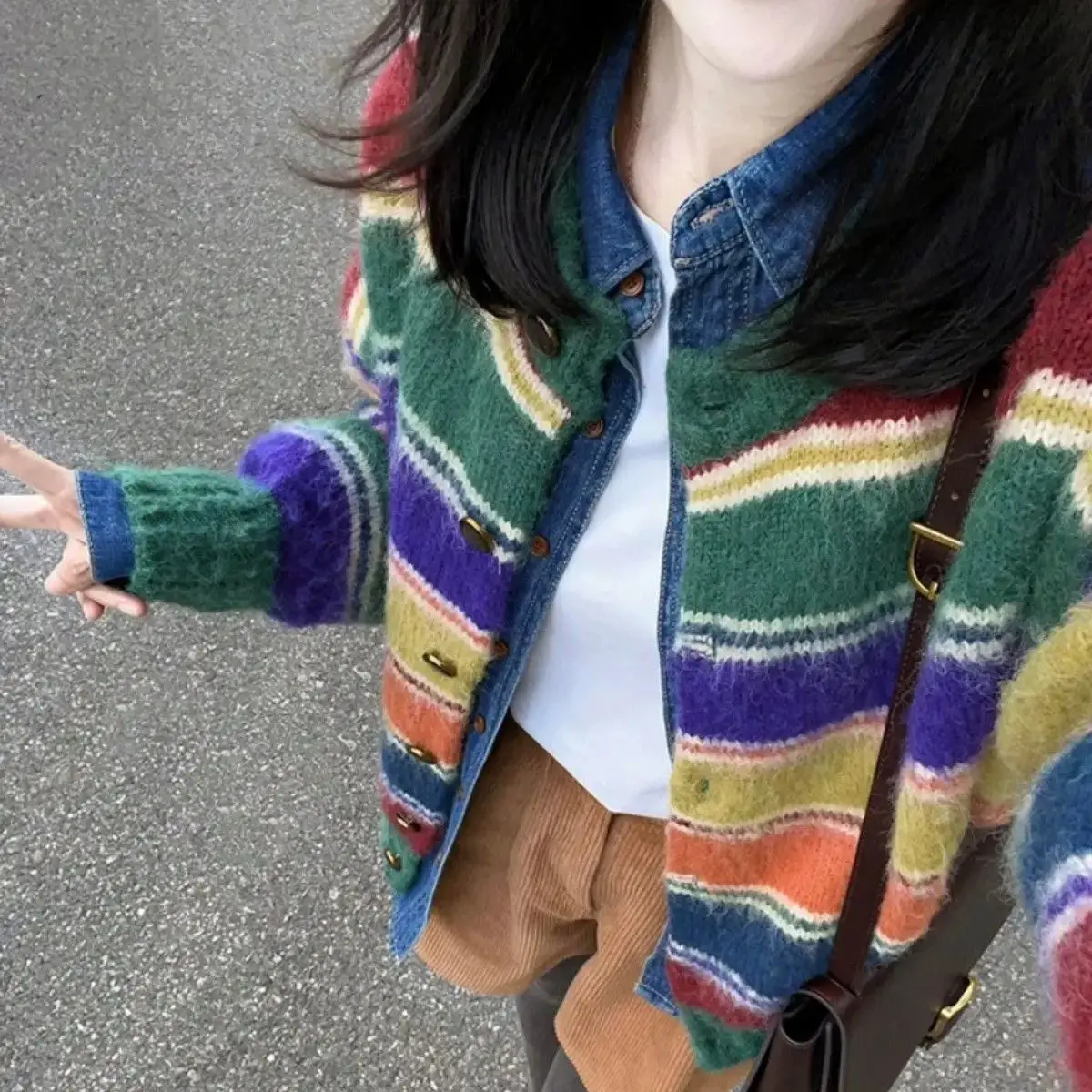 Осенний свитер вязаный кардиган ранний зимний толстый контрастный цвет женский