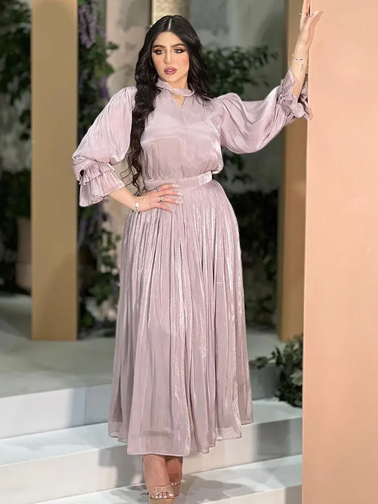 

Arabian Evening Long Dress Women Shiny Satin Eid Ramadan Pleated Muslim Party Dresses Gulf Jalabiya Modest Abaya Kaftan Pink