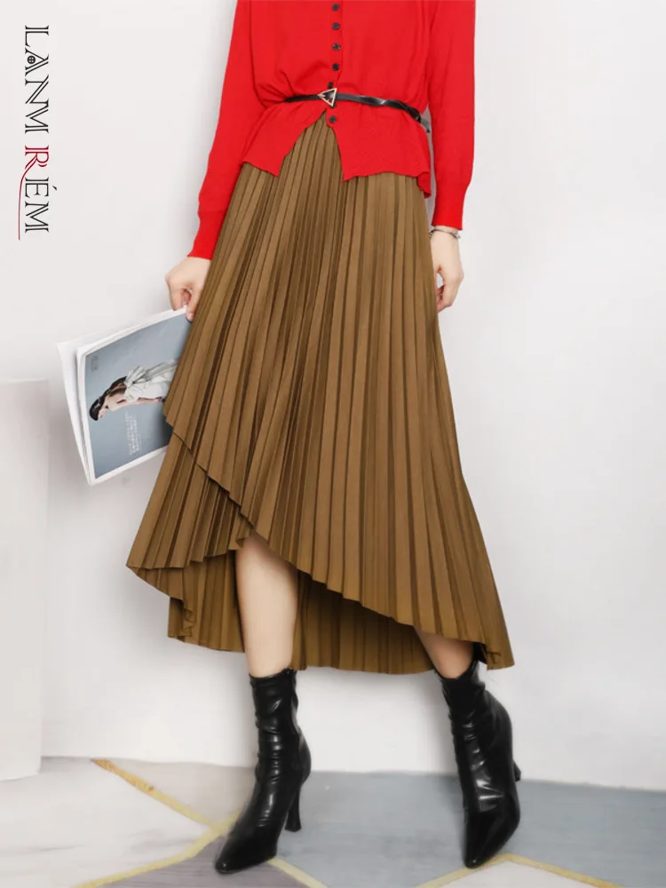 

LANMREM Irregular Skirts For Women High Waist Ruffles Solid Color Fold Fashion Skirt Female Party Clothing Autumn Winter 2R9189