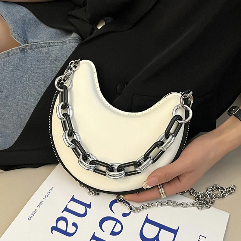

Summer White Lady Half Moon Purse PU Leather Small Shoulder Armpit Bags Women Crescent Bag