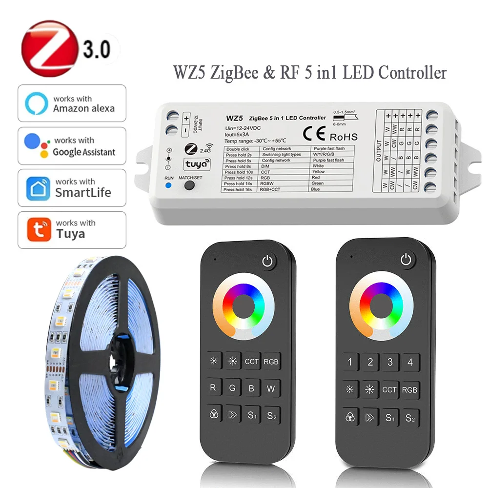 Умный светодиодный контроллер Tuya Zigbee 3 0 12 В 5 в 1 RGB + CCT RGBCW Strip 2 4 ГГц 1/4 зоны