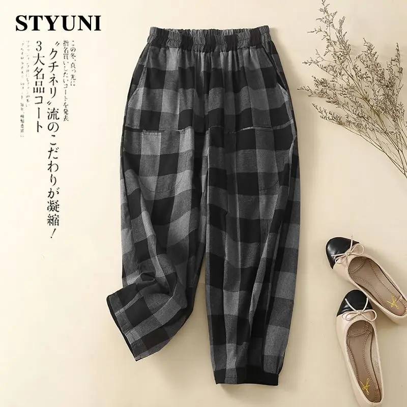 

Винтажные клетчатые Женские брюки из хлопка и льна с широкими штанинами 2022 эластичные модные брюки до щиколотки с высокой талией и карманам...