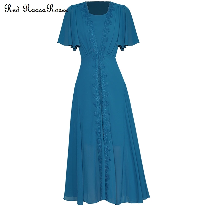 

Red RoosaRosee Embroidery Applique Butterfly Sleeve V-neck Collar Blue Midi Dress Female Designer 2022 Party Vestidos Robe Femme
