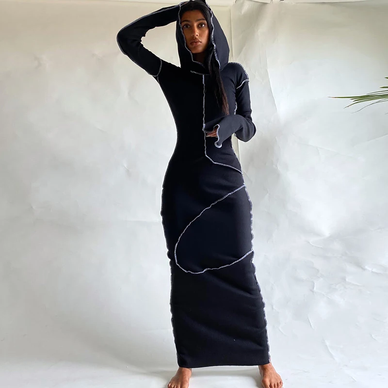 

2021 Fashion Long Sleeve Hooded Patchwork Dress Autumn Winter Women Sexy Skinny Slim Fit Casual Outfits Blue Black Red Robe Maxi