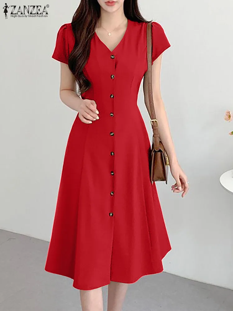

Платье ZANZEA женское с коротким рукавом, офисный элегантный однотонный вечерний сарафан-трапеция, модный на пуговицах с V-образным вырезом, на...