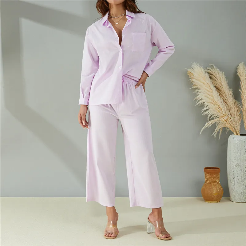 

Women Two Piece Pant Set Long Sleeve Button Up Lapel Shirt+ Long Pants Casual Outfit with Pockets Solid Female Autumn Clothing