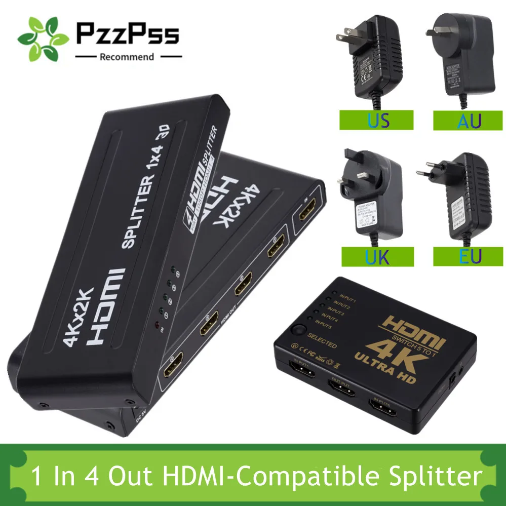 

PzzPss Full HD 4K 1 In 4 Out HDMI-Compatible Amplifier Splitter 5 In 1 Out HDMI-Compatible Switcher For 1080P HDTV DVD PS3 Xbox