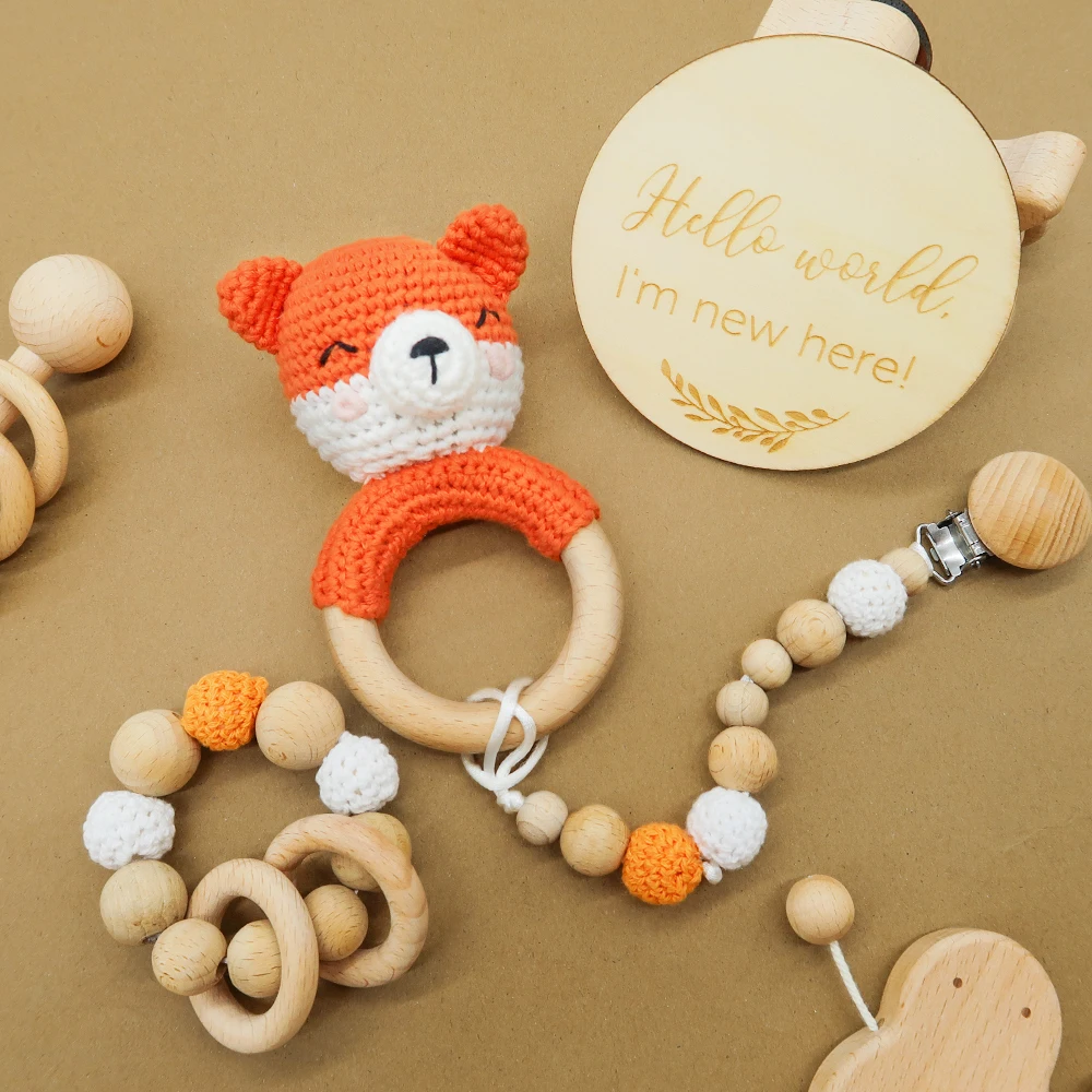 3pc Baby Teether Set Rattle Bracelet Wooden Ring Pacifier Chain Dummy Clip Personalised DIY Crochet Teethering Set birthday Gift