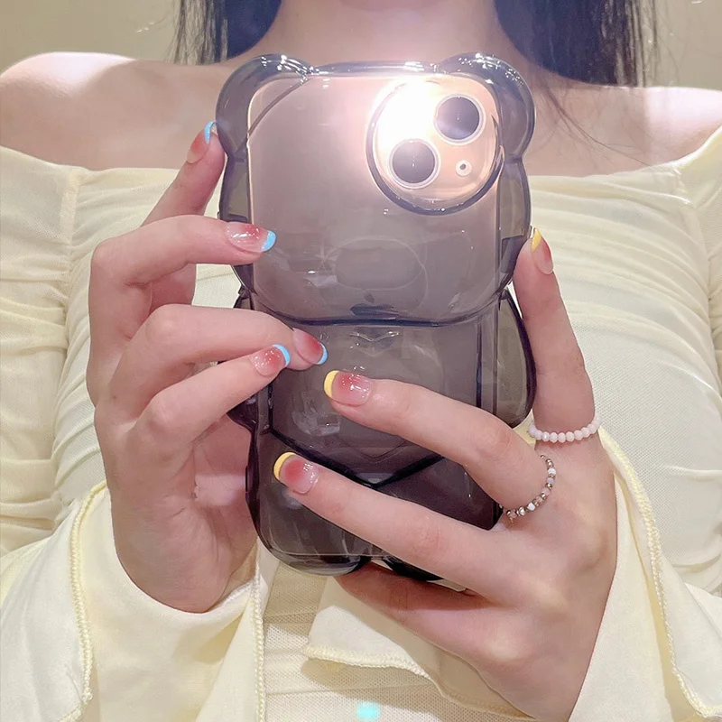 INS Japan Cute 3D Love Heart Bear Transparent Phone Case For iPhone 14 13 Pro Max 12 11 X XR XS Silicone Soft Protective Cover
