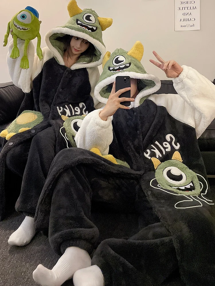 Big Eyes Couple Pajamas Women Winter Thickened Coral Fleece Flannel Nightgown Men's Homewear Set Can Be Worn outside