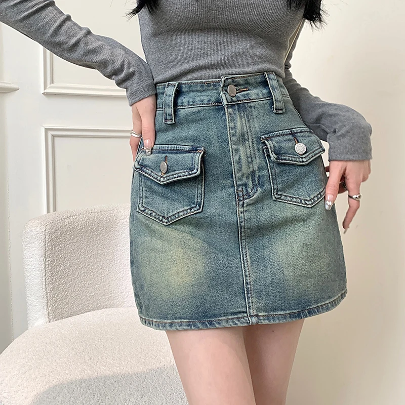 Denim Skirt Women's Summer Blue Casual Capris Spring 2023 New Vintage Stretch High Waist Spicy Girls Wrapped Hip A-line Dress