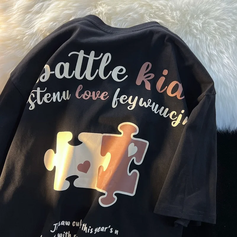 

YUQI Chic Battle Kid Puzzle Graphic TShirt Women Summer Loose Casual Woman Clothes Harajuku Pure Cotton Female High Quality Tops