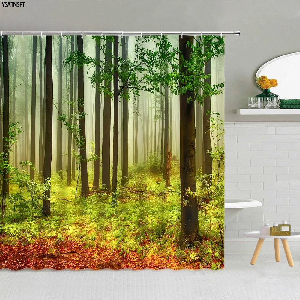 

Лесная душевая занавеска с зелеными деревьями и солнечным светом, пейзаж природы, декор для ванной комнаты, домашний декор, крючки для ванно...