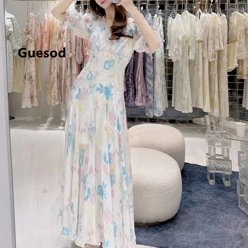 

Guesod Women Silk Long Dress 2022 Summer Female Print Beading Feather Belt Slim Expansion Bottom Short Sleeve Silk Maxi Dress