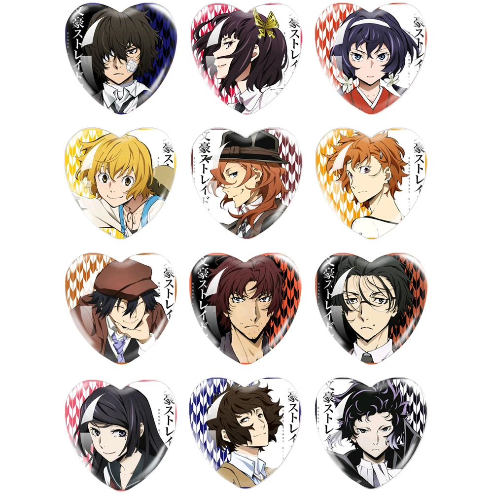 

New Anime Bungo Stray Dogs Cartoon Cosplay 16mm-40mm Heart Photo Glass Cabochon Demo Flat Back Making Findings 12pcs/set