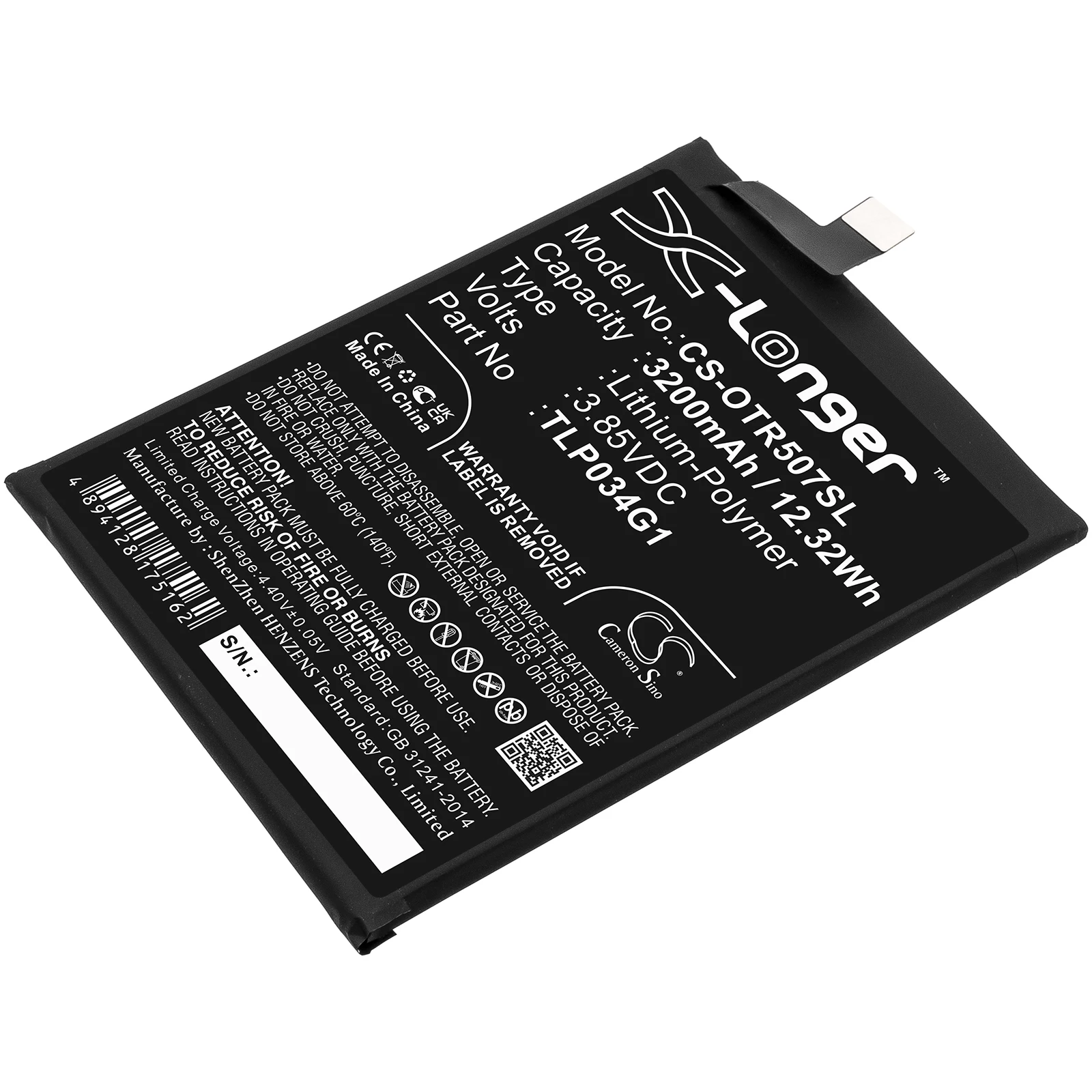 

CS Mobile SmartPhone Battery for Alcatel OT-5007S Fits TLP034G1 Li-Polymer 3.85V 3200mAh/12.32Wh