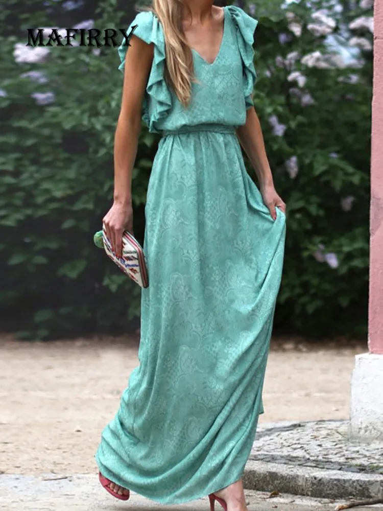 

2022 Sexy V-Neck Simple Women Holiday Dress Solid Ruffles Sleeveless Ladies Party Dress Summer Vintage Streetwear Dropshipping