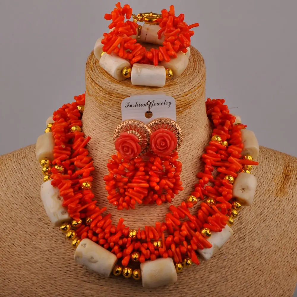 

Laanc Orange and White Coral Necklace Jewelry Set Nigerian Wedding African Beads Bridal Jewelry Sets