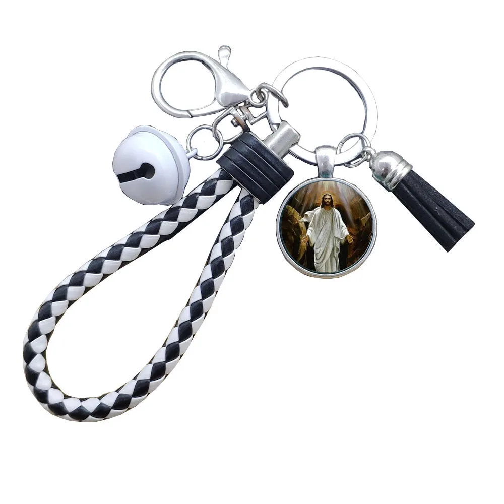 

Jesus Christ Leather Woven Keychain Bell Tassel Cat Eye Key Ring Black White Color Mix Religion Jewelry Women Believer Gift