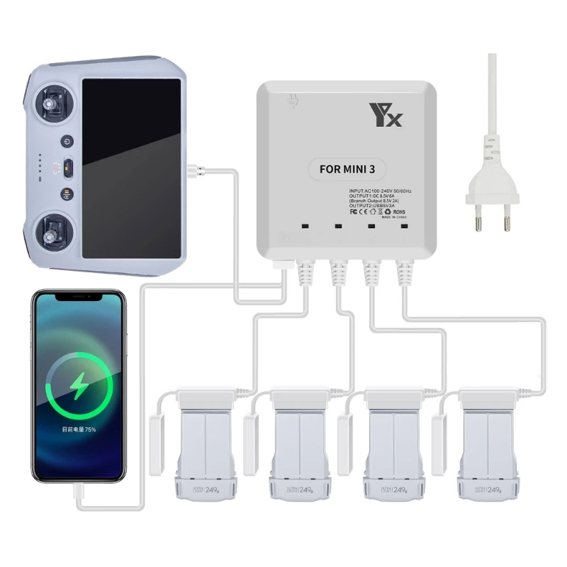 

Compact Battery Charger Adapter for Mini 3 Pro/MINI 3 Drone Battery Charger with Anti-slip Pad AC-100-240V 50/60Hz Input