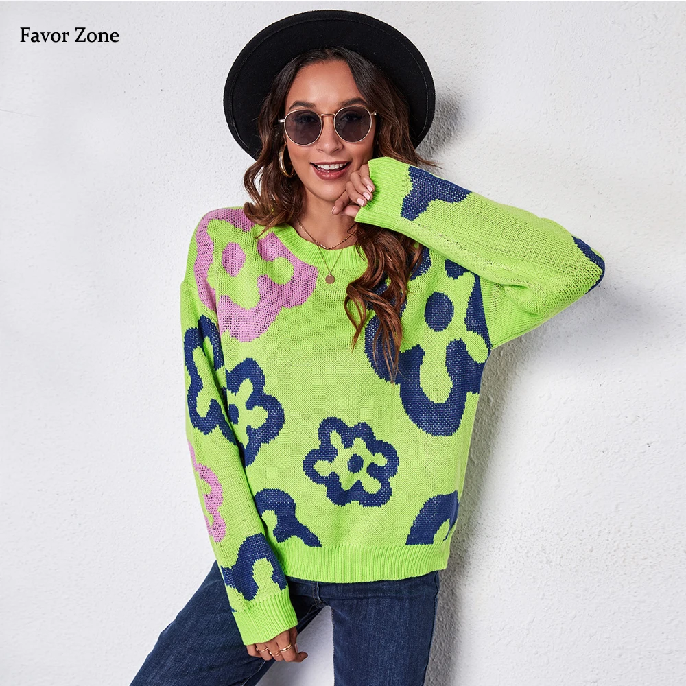 

Женский свитер с длинным рукавом, повседневный Свободный вязаный пуловер с цветами реглан, мягкий теплый свитер для осени и зимы