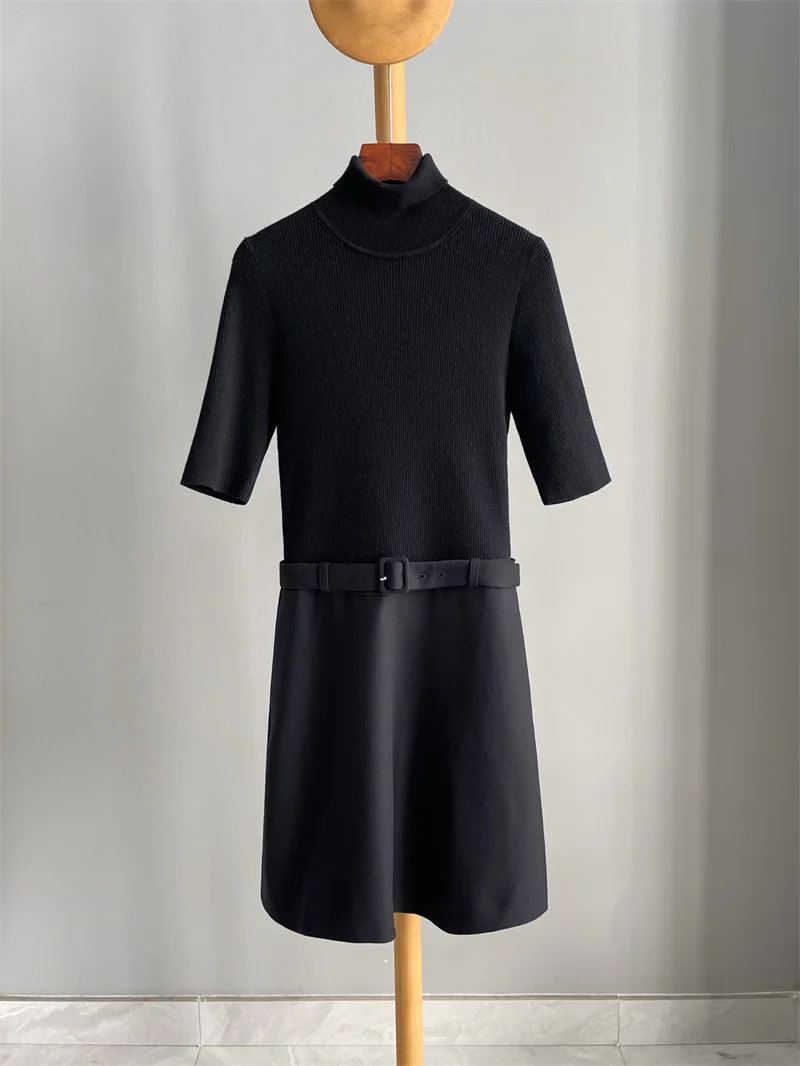 

Новинка Осень-зима 2022, вязаное шерстяное лоскутное маленькое черное платье