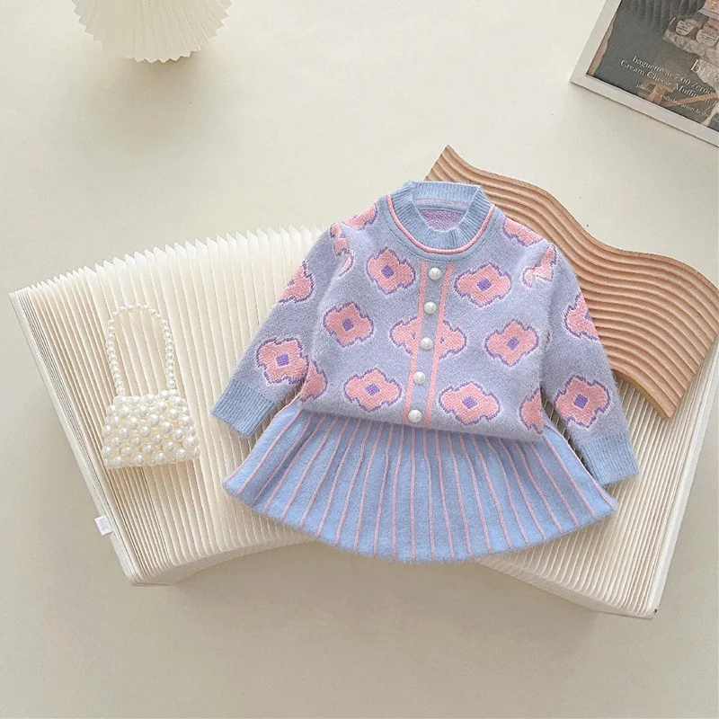 

Kids Clothing for Girls 2 Pieces Sets Skirt Sweater Solid Color Korean Fashion O-neck Flower Printed Striped Pleated Warm Sweet