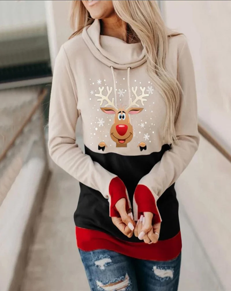 

Women Personality Casual Hoodies Christmas Kawaii 3D Print Hooded Pullover Party Long Sleeve Sweatshirt Girl Deer Pattern Jumper