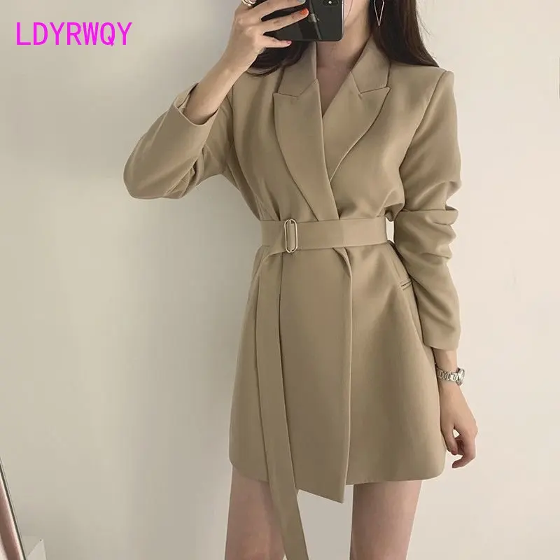 Suit coat woman 2023 spring and autumn new Korean version loose and thin belt medium and long khaki small suit woman