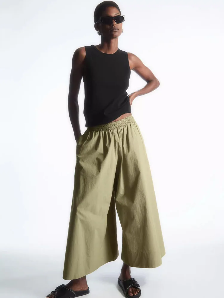 

Women 2023 Summer New Fashion Casual Wide Leg Culottes Chic Stretch High Waist Side Pocket All-match Trousers Trousers Mujer
