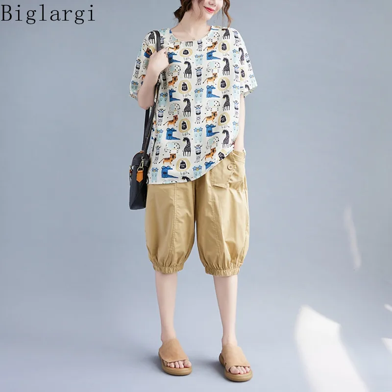 

Oversized Cartoon Print T Shirt Summer Women Linen Cotton Woman T-shirt Loose Ladies Casual Large Size Womens T Shirts 2022