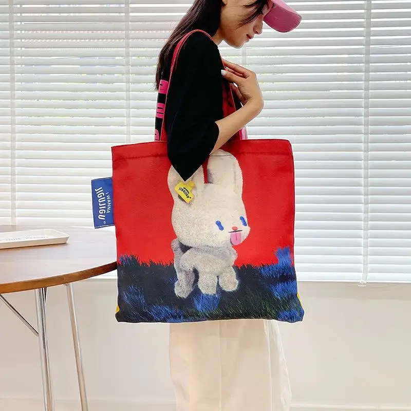 

Сумка-тоут женская с мультяшным принтом, однотонный холщовый саквояж с ручками, вместительная многоразовая дизайнерская сумочка-тоут для п...