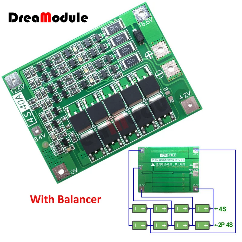 

4S 40A BMS 11.1V 12.6V 18650 Lithium Battery Charger Protection Board with Enhance/Balanced Version for Drill 40A 60A Current