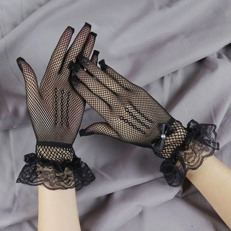 

Thin Mesh Three-rib Lace Gloves Hollow Black Elastic Lace Summer Sunscreen Fishnet Gloves