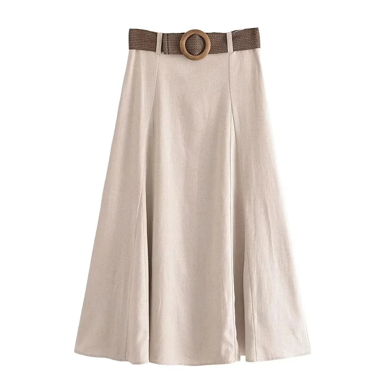 

TRAF Belted High-Waisted A-Line Skirt 2023 Summer Women's Belt Detail Zip Closure Versatile Temperament Elegant Skirt