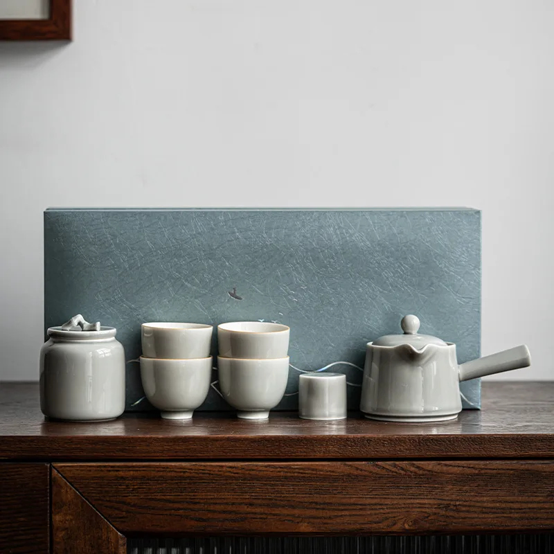 

Japanese Ice Gray Glaze Porcelain Kung Fu Tea Set Household Tureen Side Handle Pot Set Ceramic Tea Set Chinese Tea Set Tea Cup