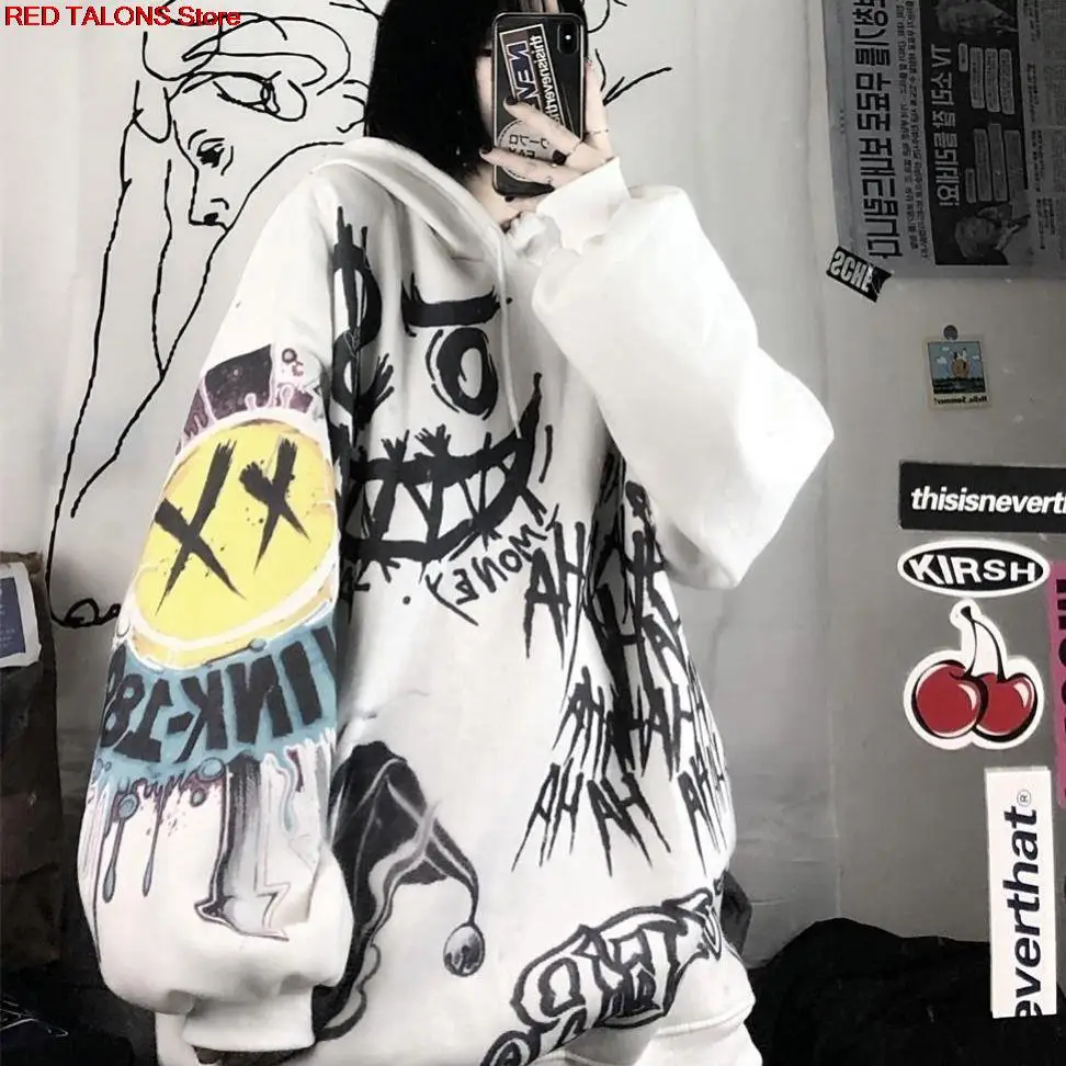 

Gothic Graffiti Print Tops 2021AutumnWinte Fashion High Street Long Sleeve Thicken Hoodie Oversized Loose Leisure Pullover Woman