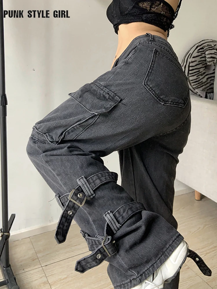 

Retro 90s Cargo Jeans Drawstring Grunge Low Waist Straight Pants Chic Pockets Buckle Safari Denim Trousers Academic Baggy Jeans