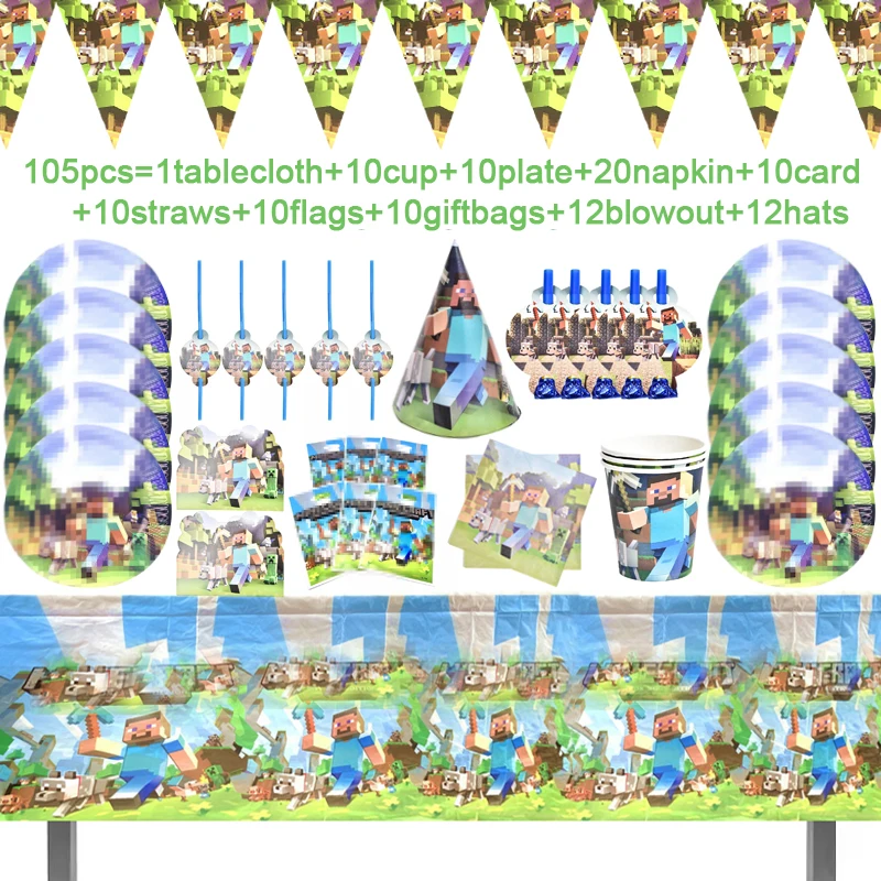 

Hot Theme Mining Pixel Game Birthday Party Decorations Paper Napkins Plates Cups Hats Cards Supplies For Boys Gifts Toy Blowouts