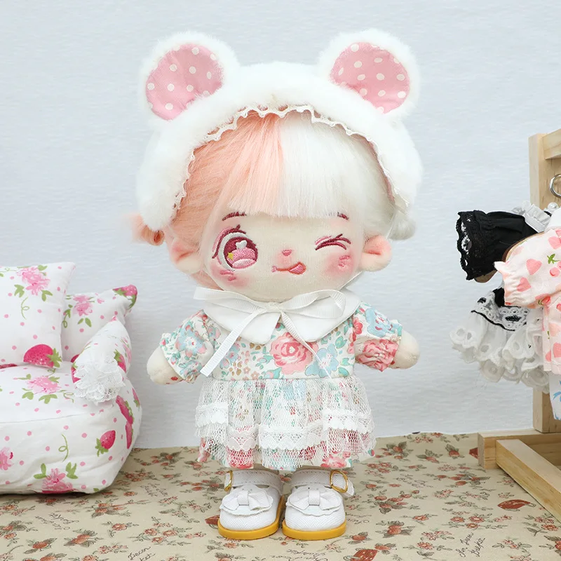 

Новое поступление, милая плюшевая белая розовая жареная кукла 20 см без атрибутов с одеждой, повязка для волос с медведем, Цветочное платье, кукла, игрушка для косплея, подарок