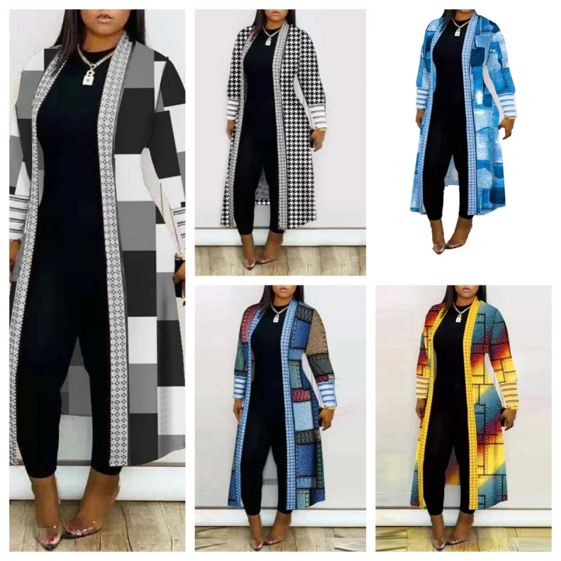 2024 черный модный стиль повседневная длинная куртка-кардиган с принтом и рукавами