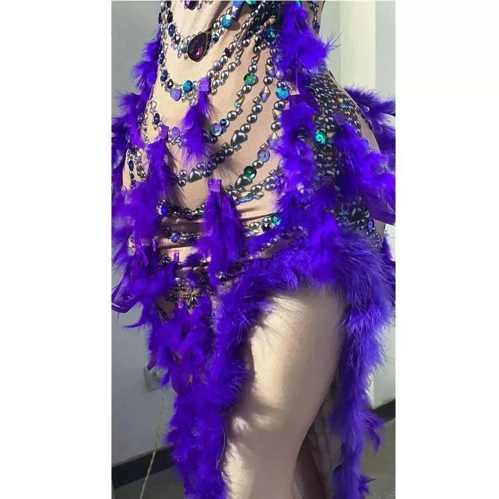 Сексуальное фиолетовое длинное платье с блестками и кристаллами перьями женское