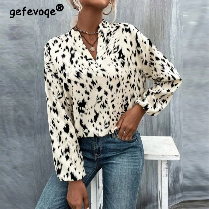 

Autumn Fashion V Neck Leopard Printed Long Sleeve Loose Office Lady Blouses Shirts Casual Pullover Tunic Tops for Women Clothing