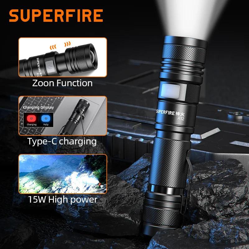 SUPERFIRE A12 Мощный светодиодный фонарик USB перезаряжаемый масштабируемый