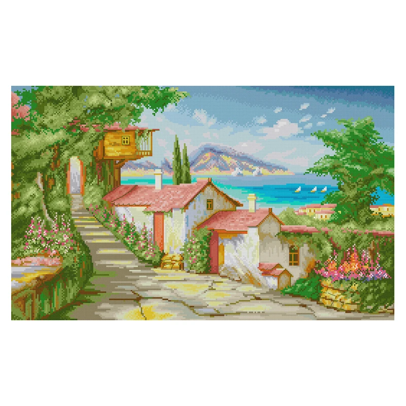 

Joy Sunday Cross Stitch Kit Seaside Town 11CT 14CT Printed Fabric Cross Stitch Kits Embroidery Kit Needlework