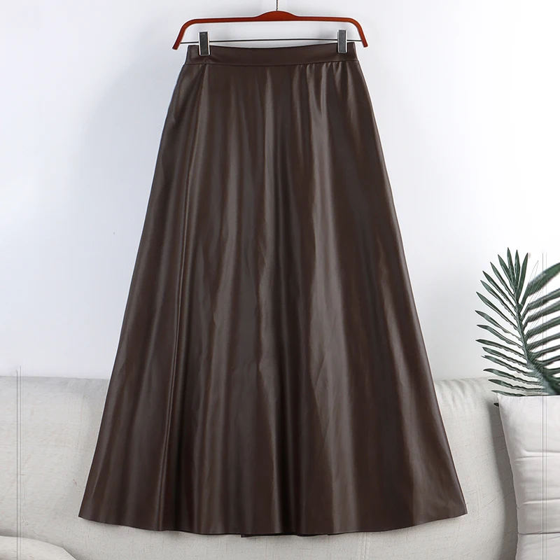 

Зимняя трапециевидная длинная юбка из искусственной кожи в стиле ретро, флисовая внутренняя теплая кожаная юбка до щиколотки с поясом на резинке бежевого, кофейного цветов
