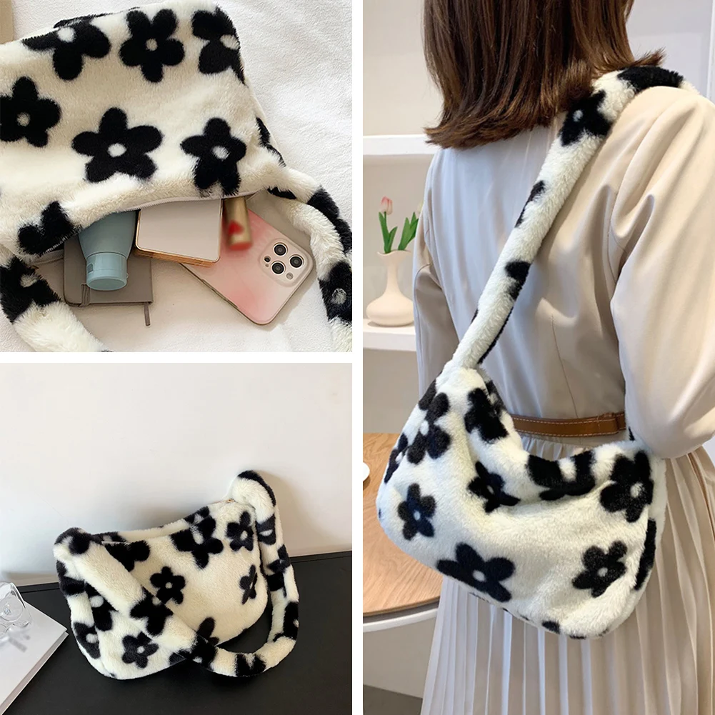 

Модная женская плюшевая сумка через плечо с цветочным принтом, Женская осенне-зимняя маленькая сумочка, сумки для женщин 2023