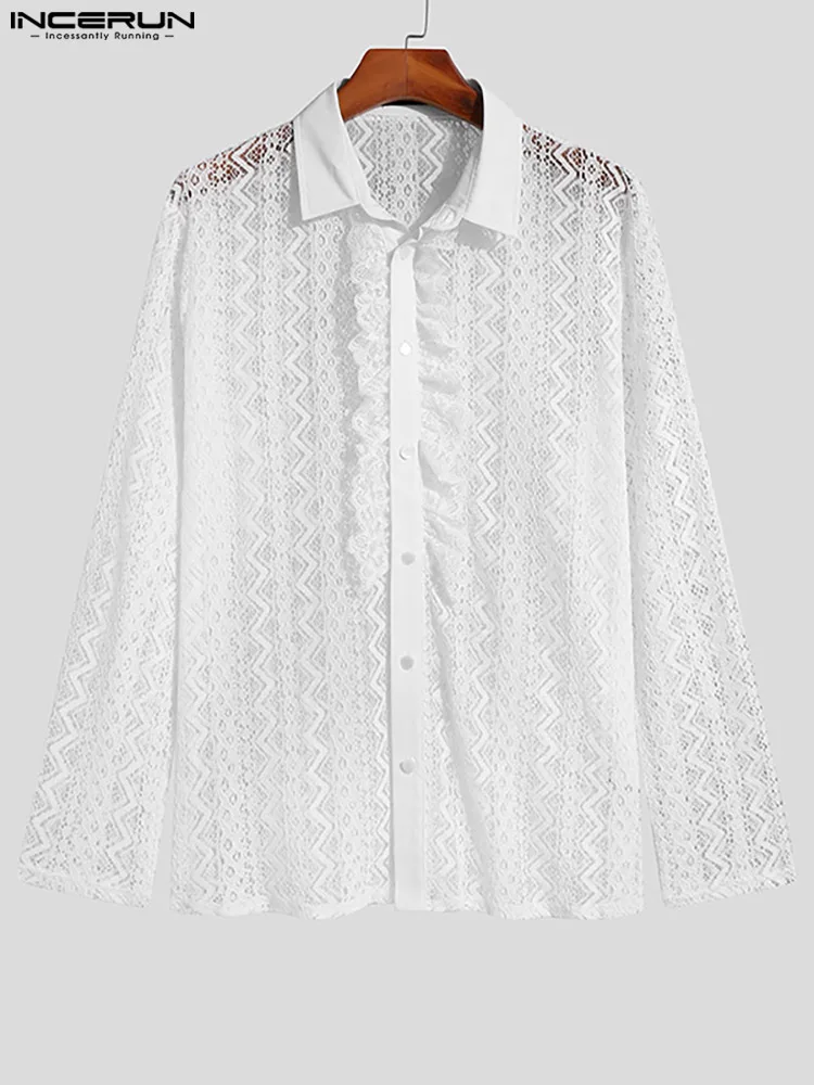 Party Nightclub Men's Ruffled Hollow Lace Blouse Stylish Male See-through Lapel Long-sleeved Thin Shirts S-5XL INCERUN Tops 2022