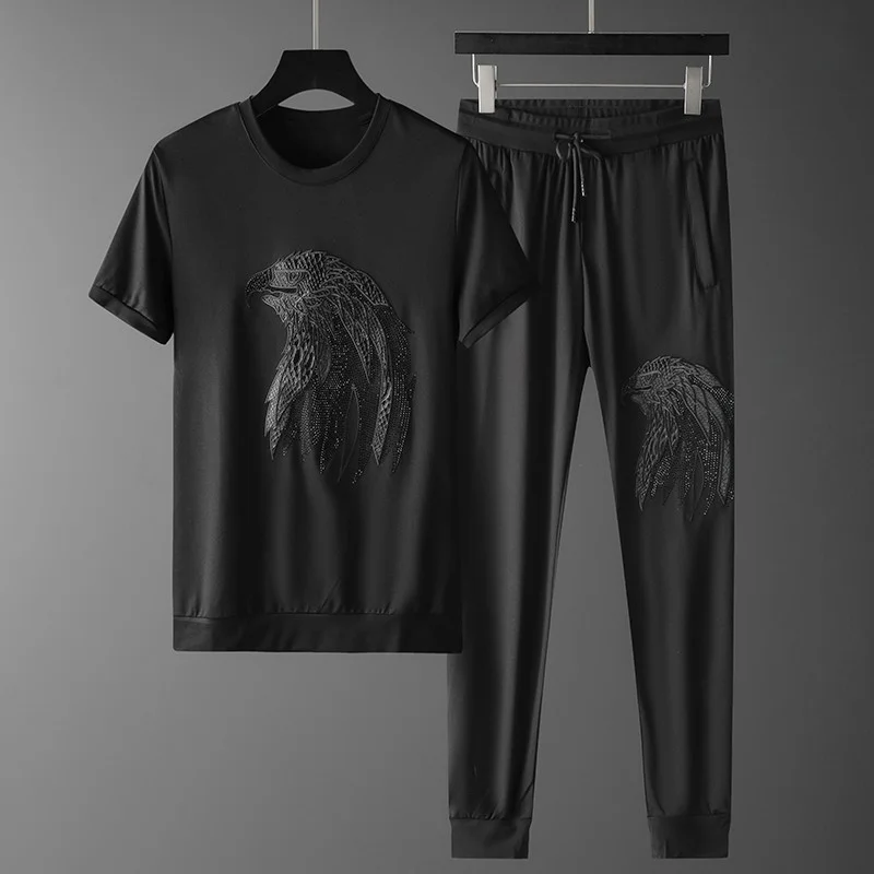 

Костюм мужской с вышивкой «Орлиный глаз», тенниска и штаны, приталенный силуэт, короткий рукав, комплект, 5xl, весна-лето